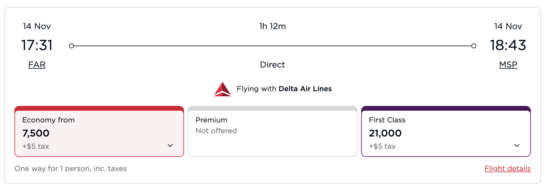 Virgin Atlantic award pricing for a fargo to minneapolis flight